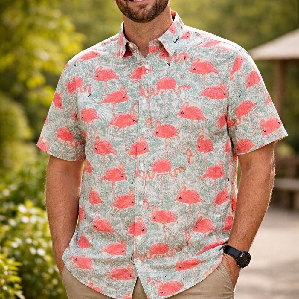 Artistry in Motion Shirt Mens XL Slim Tall Pink Flamingo Tropical Button
